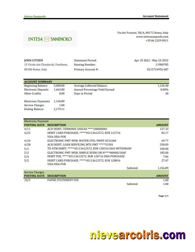 Italy Intesa Sanpaolo bank statement xls